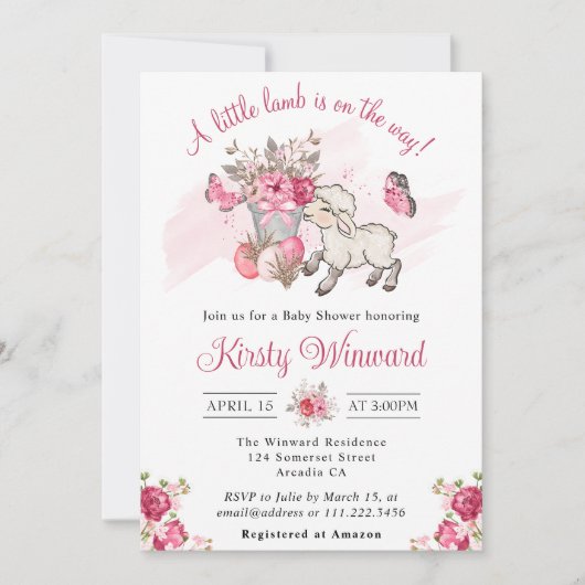 Frühlingsrosa Blumenkörbe und Niedliches Lamm-Baby Einladung (Vorderseite)