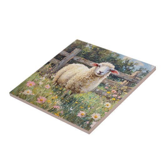 Frühlingsschaf mit Wildblumen Fliese (Seite)
