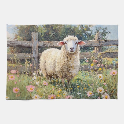 Frühlingsschaf mit Wildblumen Geschirrtuch (Horizontal)
