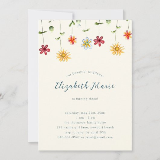Frühlingsschwanz-Wildblumen Gelbmädchen Geburtstag Einladung (Vorderseite)