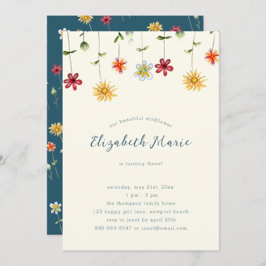Frühlingsschwanz-Wildblumen Gelbmädchen Geburtstag Einladung (Vorne/Hinten)