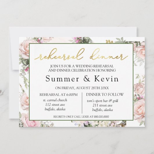 Frühlingssommer Rosa Probe Abendessen Einladung (Vorderseite)