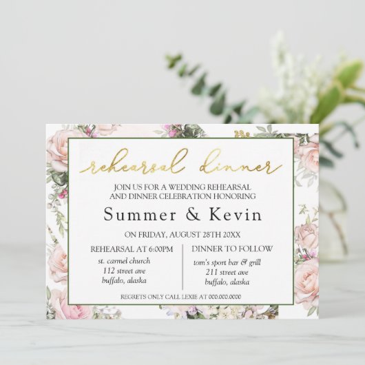 Frühlingssommer Rosa Probe Abendessen Einladung (Stehend Vorderseite)