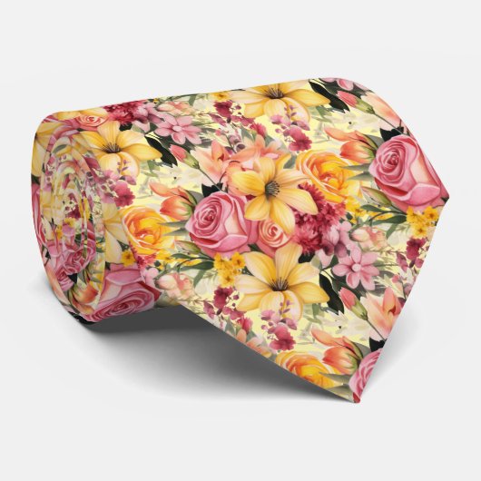 Frühlingssommer Rosa und Gelbe Flora Neck Tie Krawatte (Gerollt)