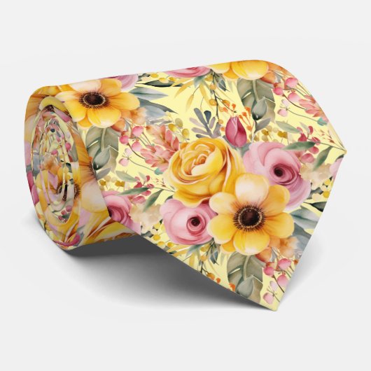 Frühlingssommer Rosa und Gelbe Flora Neck Tie Krawatte (Gerollt)