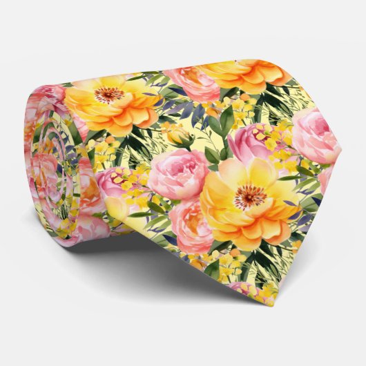 Frühlingssommer Rosa und Gelbe Flora Neck Tie Krawatte (Gerollt)