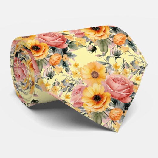 Frühlingssommer Rosa und Gelbe Flora Neck Tie Krawatte (Gerollt)