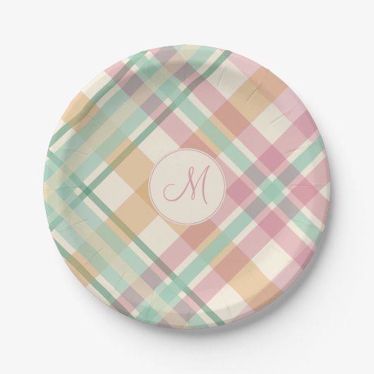 Frühlingssommerpasten kariert mit Monogramm Pappteller (Vorderseite)