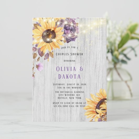 Frühlingssonne Lila Peony Couples Dusche Einladung (Stehend Vorderseite)