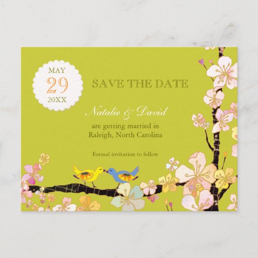 Frühlingssorgen Grünen lieben Vögel Hochzeit rette Ankündigungspostkarte (Vorderseite)