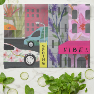 Frühlingsstadt Vibes Aquarell Florale Stadt Kuns Geschirrtuch