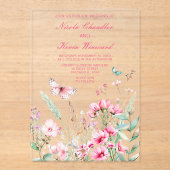 Frühlingsstich-Rosa-Schmetterling-Hochzeit Acryleinladungen (Vorderseite)