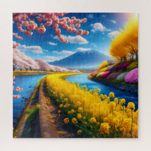 Frühlingsszene mit Kirschblüten und -gebirgen Puzzle