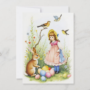 Frühlingsszene mit Mädchen, Kaninchen und Ostereie
