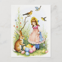 Frühlingsszene mit Mädchen, Kaninchen und Ostereie Feiertagspostkarte