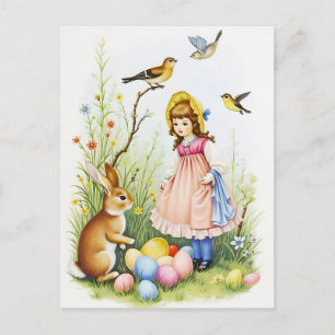 Frühlingsszene mit Mädchen, Kaninchen und Ostereie Feiertagspostkarte