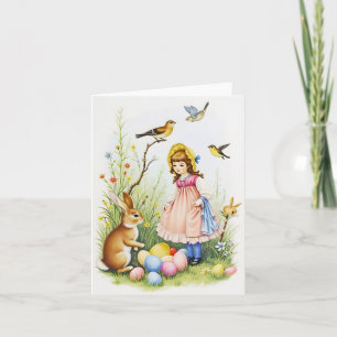 Frühlingsszene mit Mädchen, Kaninchen und Ostereie Karte