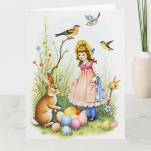 Frühlingsszene mit Mädchen, Kaninchen und Ostereie Karte