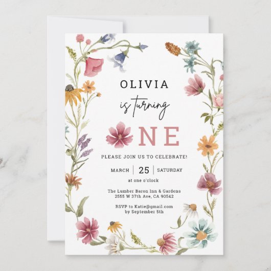 Frühlingstag Wildblume wird 1. Geburtstag Einladung (Vorderseite)