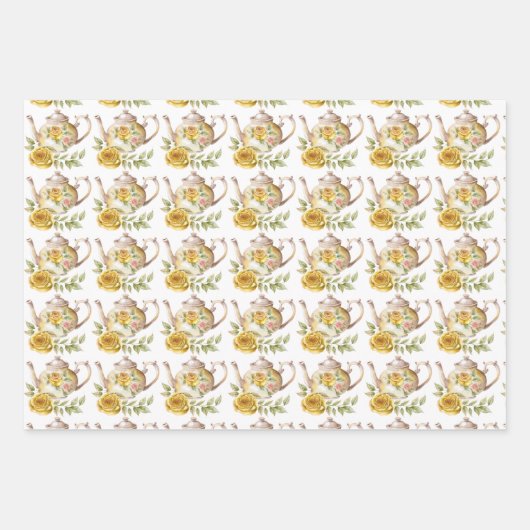 Frühlingstee Party Gelbe Teeköpfe und Rose Geschenkpapier Set (Vorderseite 2)