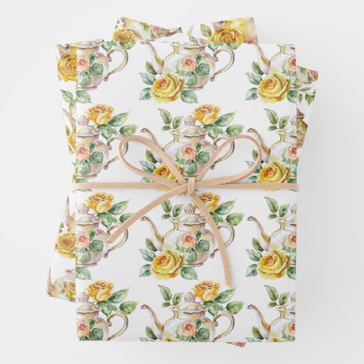 Frühlingstee Party Gelbe Teeköpfe und Rose Geschenkpapier Set (Beispiel)