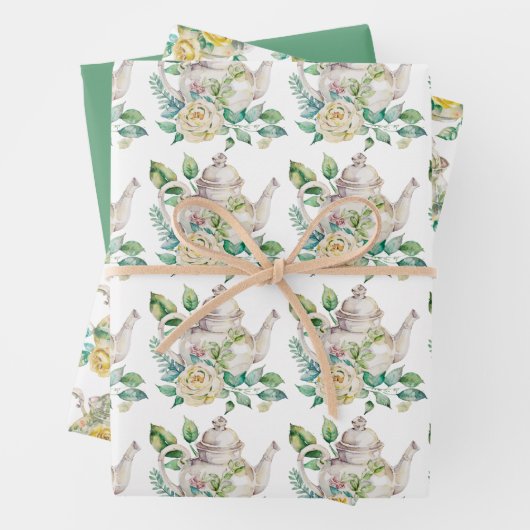 Frühlingstee Party Gelbe Teeköpfe und Rose Geschenkpapier Set (Beispiel)