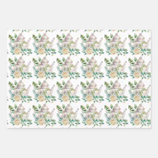 Frühlingstee Party Gelbe Teeköpfe und Rose Geschenkpapier Set (Vorderseite)