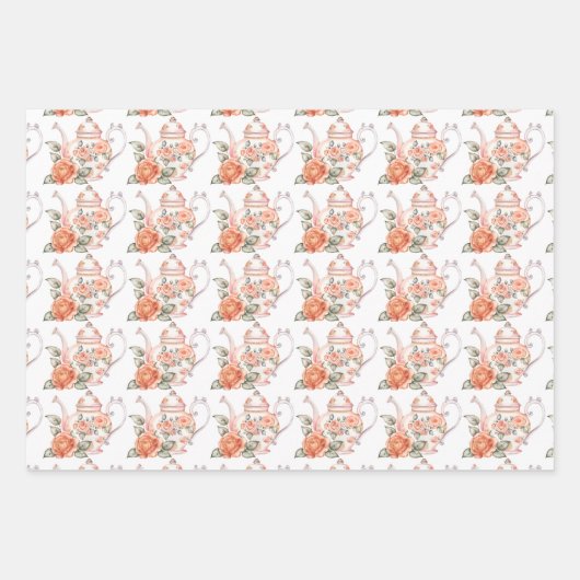 Frühlingstee Party Orange Teapots und Rose Geschenkpapier Set (Vorderseite)