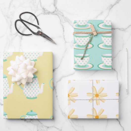 Frühlingstee Party Türkis und Gelb Geschenkpapier Set (Vorderseite)