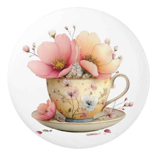 Frühlingsteetasse mit Tulpen Keramikknauf (Vorderseite)