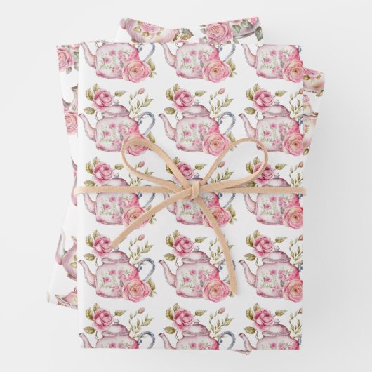 Frühlingsteppi Party Rosa Teeköpfe und Rose Geschenkpapier Set (Beispiel)