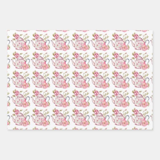 Frühlingsteppi Party Rosa Teeköpfe und Rose Geschenkpapier Set (Vorderseite)