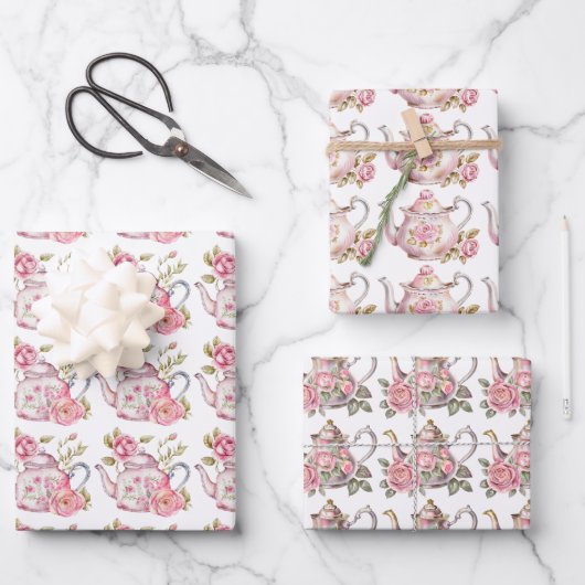 Frühlingsteppi Party Rosa Teeköpfe und Rose Geschenkpapier Set (Vorderseite)