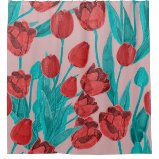 Frühlingstulips, handgezeichnet Blumenmuster Duschvorhang