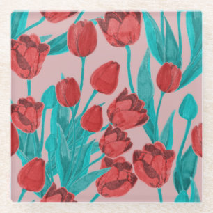Frühlingstulips, handgezeichnet Blumenmuster Glasuntersetzer
