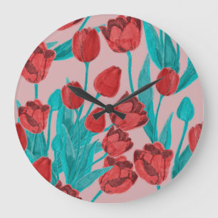 Frühlingstulips, handgezeichnet Blumenmuster Große Wanduhr