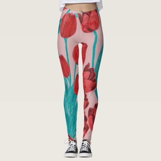 Frühlingstulips, handgezeichnet Blumenmuster Leggings (Vorderseite)