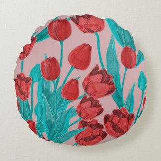 Frühlingstulips, handgezeichnet Blumenmuster Rundes Kissen