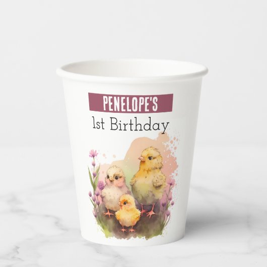 Frühlingsvibes Chicks - 1. Geburtstag - Pappbecher (Vorderseite)