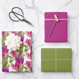Frühlingsviolette rosa Tulpen in Uni Geschenkpapier Set