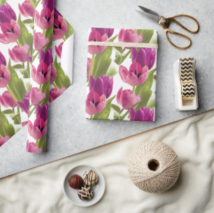 Frühlingsviolette und rosa Wasserfarben-Tulpen-Blu Geschenkpapier