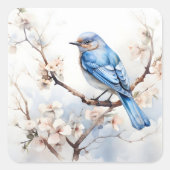 Frühlingsvogel im blühenden Baum Quadratischer Aufkleber (Vorderseite)
