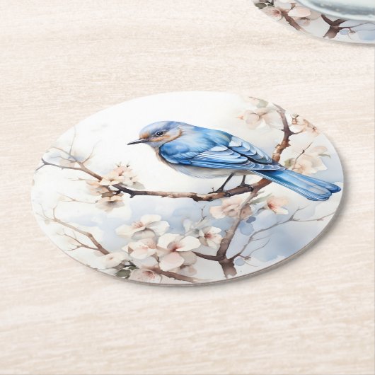 Frühlingsvogel im blühenden Baum Runder Pappuntersetzer (Angewinkelt)