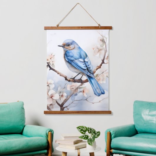 Frühlingsvogel im blühenden Baum Wandteppich Mit Holzrahmen (Wohnzimmer)