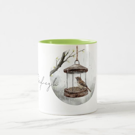 Frühlingsvogel im Vogelfutterhaus Zweifarbige Tasse (Mittel)