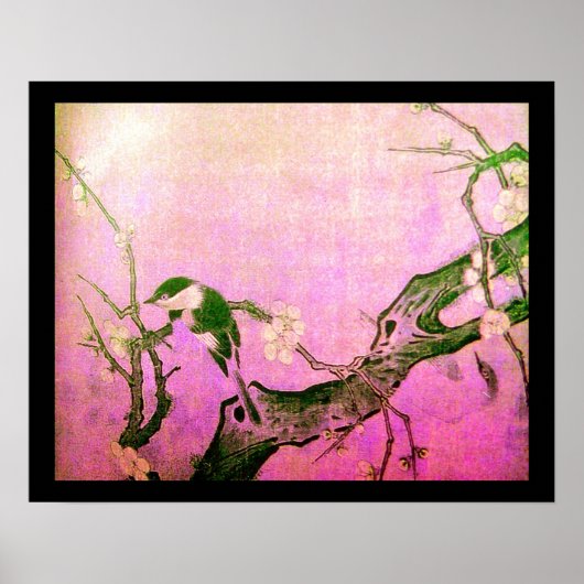 FRÜHLINGSVOGEL UND BLUMENBAUM Rosa Fuchsie Poster (Vorne)