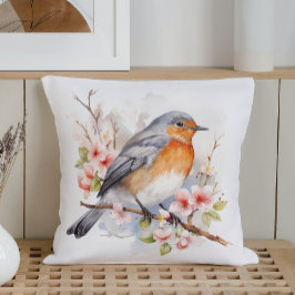 Frühlingsvögel und Blüten in Wasserfarben Kissen