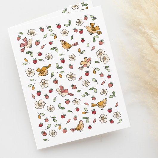 Frühlingsvögel und Erdbeeren Blumenmuster Leere Dankeskarte
