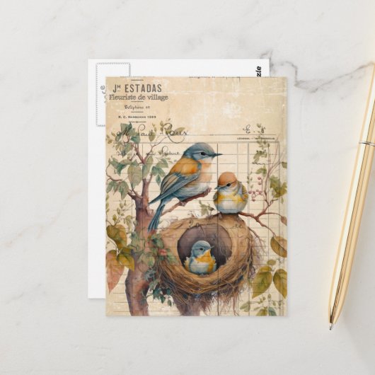 Frühlingsvögel Vintage Ephemera Postkarte (Vorderseite/Rückseite Beispiel)