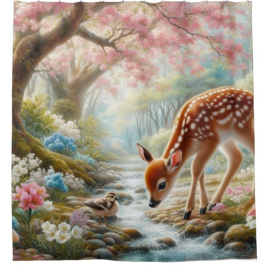 Frühlingswälder mit Ente und Fawn/Reh Duschvorhang (Vorderseite)